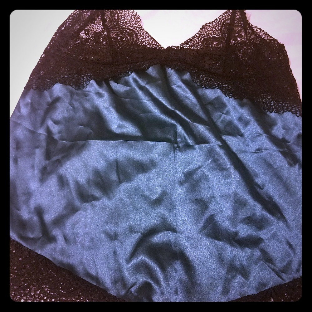 Teal and black lace edged chemise with g-string